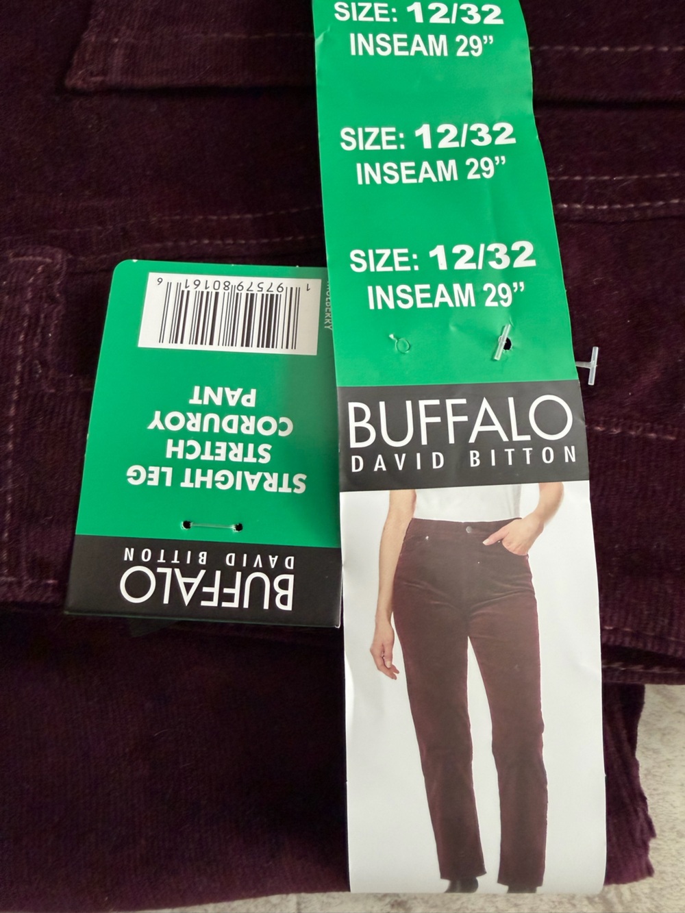 BUFFALO DAVID BITTON Straight Leg Stretch Corduroy Pants Mulberry Size 12